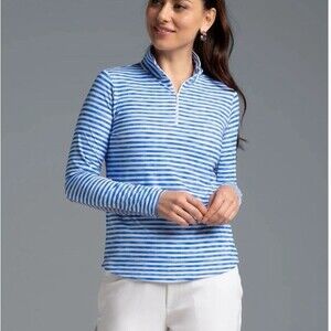 IBKUL Women's XXL Blue Landon Stripe Long Sleeve 1/4 Zip Mock Neck Golf Top